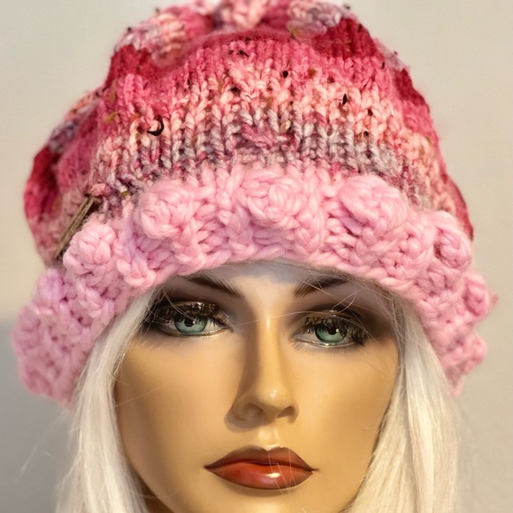 Hand Knits 2 Love Beanie Hat Cap Bubbles/ Flower Buds Pearls Designer Tweed Pink main image 11